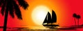 A Tropical Evening. Sunset with Palm Trees and the boat. Landscape view Royalty Free Stock Photo