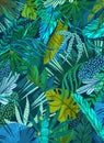 Tropical exotic background, wallpaper, cover with green tropical plants, palm trees, monstera for poster, cover or