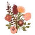 Tropical exotic bouquet. Hand drawn vector banksia, anthurium, rose flowers and leaves isolated on white background