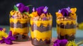 Tropical Exotic Dessert, Colorful Chocolate and Passionfruit Parfait with Purple Leaves, Generative AI