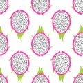 Tropical exotic dragon fruit vector seamless pattern. Background with pitaya for design fabric Royalty Free Stock Photo