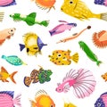 Tropical exotic fishes, seamless pattern. Endless sea background, cute water animals, aquarium species, repeating print