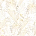 Tropical exotic floral golden line palm leaves and flowers seamless pattern, white background.