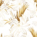 Tropical exotic floral golden line palm leaves and magnolia flowers seamless pattern, white background.