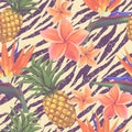 Tropical exotic flowers and pineapple seamless