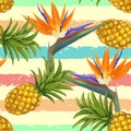 Tropical exotic flowers and pineapple seamless