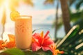 Tropical pineapple, mango juice or lassi on sunny beach under palm shadow. Generative AI Royalty Free Stock Photo