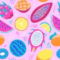 Tropical exotic fruits. Seamless pattern in cartoon style. Fresh lemon, lime wedges, watermelon, pitahaya dragon, star