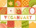 Veganuary. Cartoon Banner. Tropical exotic fruits. Fresh lemon, lime wedges, watermelon, pitahaya dragon, star fruit