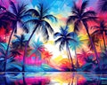 Tropical exotic Landscape with bright palm trees.