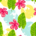 Tropical exotic leaves, hibiscus flowers seamless pattern Royalty Free Stock Photo