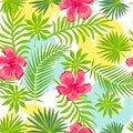 Tropical exotic leaves, hibiscus flowers seamless pattern Royalty Free Stock Photo