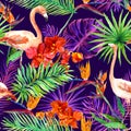 Tropical exotic leaves, orchid flowers, neon light. Seamless pattern. Watercolor Royalty Free Stock Photo