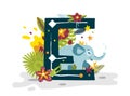 Tropical exotic letter E, animal elephant, flowers and leaves