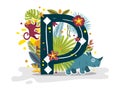 Tropical exotic letter P, animals rhino and monkey, flowers