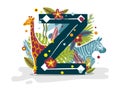 Tropical exotic letter Z, animals zebra and giraffe, flowers. Cute cartoon