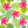 Tropical exotic palm leaves, hibiscus flowers seamless pattern Royalty Free Stock Photo