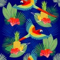 Tropical exotic pattern with palm leaves and parrots. Blue Vector.