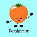 Tropical exotic persimmon fruit Character with face and smile. Card for teaching children. Healthy and wholesome food.