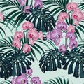 Tropical exotic plants seamless pattern, monster, palm leaves and pink violet orchid flowers. Royalty Free Stock Photo