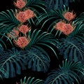 Tropical exotic plants seamless pattern, monster, palm leaves and protea flowers. Royalty Free Stock Photo