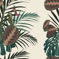 Tropical exotic plants seamless pattern, palm leaves. Decoration on light yellow background. Royalty Free Stock Photo