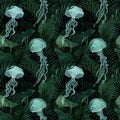 Tropical exotic seamless pattern with jellyfish. Hand-drawn illustration. Royalty Free Stock Photo