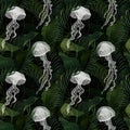 Tropical exotic seamless pattern with jellyfish. Hand-drawn illustration. Royalty Free Stock Photo