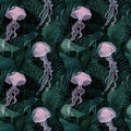 Tropical exotic seamless pattern with jellyfish. Hand-drawn illustration. Royalty Free Stock Photo