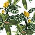 Tropical exotic tender lovely yellow flowers, ficus plant, green floral summer seamless pattern illustration.