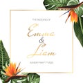 Tropical exotic wedding event invitation card template. Border frame green monstera leaves orange strelitzia flowers.