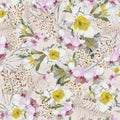 Tropical exquisite seamless pattern with white flowers of orchids and lilies on a white background. Vector with elements Royalty Free Stock Photo