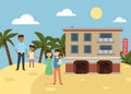 Tropical family hotel banner vector illustration. Summer beach vacation concept on seaside, holiday. Mother hugging Royalty Free Stock Photo