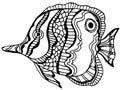 Tropical fish coloring page. Anti-stress coloring for adult and children. Black and white. Underwater world. Vector illustration.