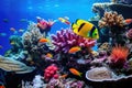 Tropical fish on the coral reef in the deep blue sea, Beautiful coral reef with colorful tropical fish in the water, AI Generated Royalty Free Stock Photo
