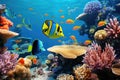 Tropical fish and coral reef in the Red Sea. Egypt, Underwater view of coral reef with fishes and a yellow butterflyfish, AI Royalty Free Stock Photo