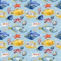 Tropical fish, coral, seashells, seahorse and fish on an isolated background. Watercolor illustration, seamless pattern Royalty Free Stock Photo