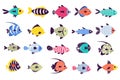 Tropical fish. Exotic ornamental sea animals, cartoon aquatic animals in aquarium, colorful collection of fish. Vector