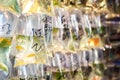 Tropical fish hanging in bags at Tung Choi Street goldfish market, Hong Kong