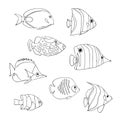 Tropical fish icon set. Vector isolated characters. Butterflyfish, Clown Triggerfish, Damsel, Anemonefish, Angelfish, Clownfish