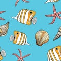 Tropical fish, seashell and starfish vector seamless pattern. Hand drawn underwater illustration. Copperband butterflyfish on blue