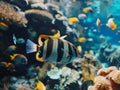 Tropical fish swim among colorful corals in a shallow reef Royalty Free Stock Photo