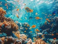 Tropical fish swim among colorful corals in a shallow reef Royalty Free Stock Photo