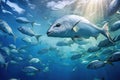 Tropical fish swimming in blue ocean. Underwater world, A large school of Trevally swimming in the deep blue tropical ocean, AI Royalty Free Stock Photo