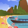 Tropical flamingo background. Summer time banner vector illustration. Pink male and female flamingos, couples and Royalty Free Stock Photo