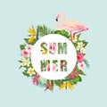 Tropical Flamingo Bird and Flowers Background. Summer Design. T-shirt Fashion Graphic. Exotic.