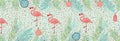 Tropical flamingo pattern with pine leaves and abstract shapes Royalty Free Stock Photo