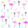 Tropical flamingo pattern. Pink flamingo, ice-cream and leaves. Summer print