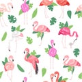 Tropical flamingo seamless pattern. Summer time vector illustration. Pink male and female flamingos, couples, mother