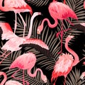 Tropical Flamingo seamless vector summer pattern with Golden Palm Leaves. Bird and Floral background for wallpapers Royalty Free Stock Photo